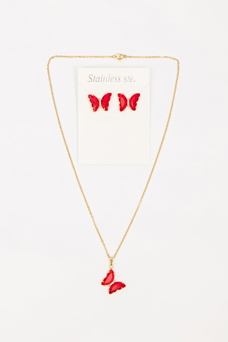 Butterfly Necklace Set (Red) Stainless Steel